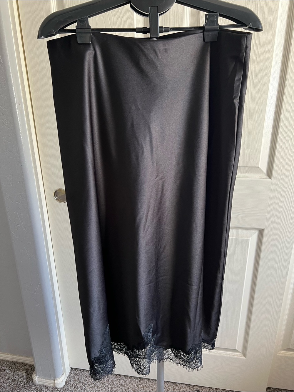 Satin Black Midi Slip Skirt with Lace Hem - Picture 9 of 10
